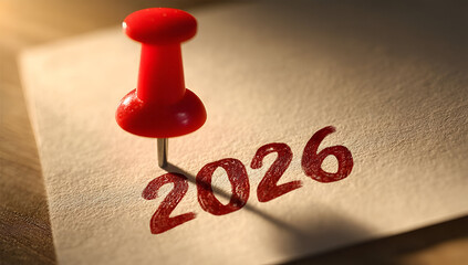 A red pushpin affixed to a note displaying the year 2026, symbolizing reminders and future planning.