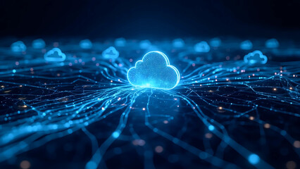 Cloud Computing and Digital Networks Visualization, Futuristic Cloud Technology Landscape, Data Connections in the Virtual Cloud