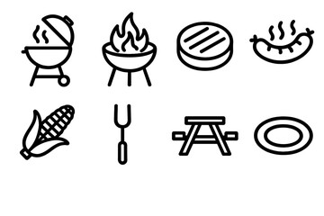 Grilling Icons Collection. Outdoor Grilling linear icon set. charcoal grill, fire pit, burger patty, sausage, corn cob, grilling fork, picnic table, plate.