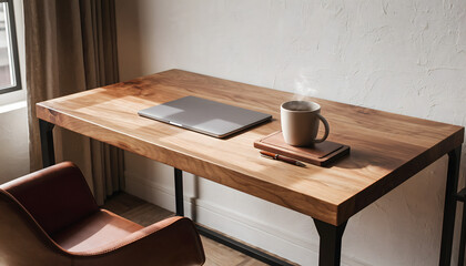 Minimalist home office desk with a laptop, a steaming cup of coffee, and a leather chair bathed in morning sunlight.