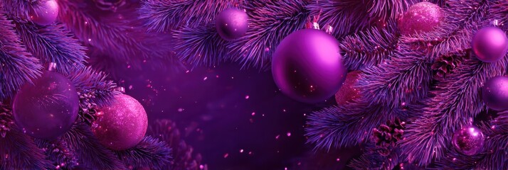 Purple christmas tree branches with sparkling ornaments and festive glow