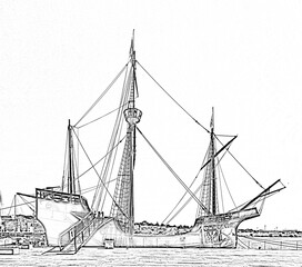 A detailed sketch of a traditional sailing ship in Vila do Conde, Portugal. 