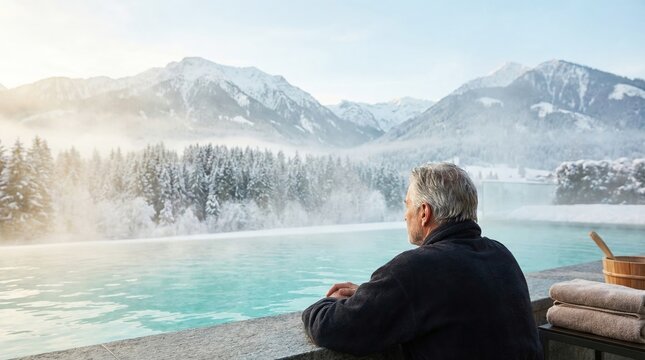 Senior man in a bathrobe relaxes by an outdoor pool with breathtaking snowy mountain and forest views, reflecting the concept of a luxurious winter holiday at a spa resort. Copy space