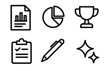 Summary Icons Set. Annual Summary Icons linear icon set. report sheet, pie chart, trophy, clipboard, pen, sparkle