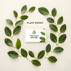 Circular arrangement of green leaves with a branding card