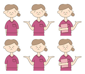 スクラブを着た女性の可愛い手書きイラストセット