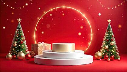 Festive Christmas stage with decorated trees gifts and podium for product display.