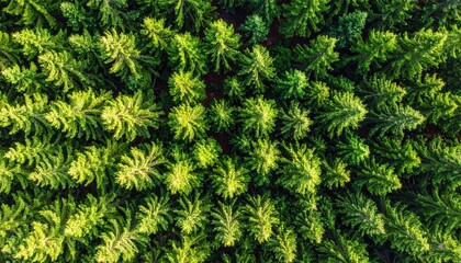 Aerial view of a dense green pine forest canopy from above.