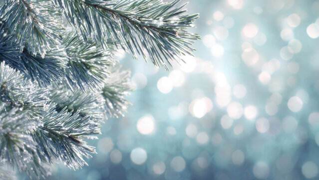 Frosted pine branches sparkle with ice against a soft, shimmering blue bokeh background, evoking a serene winter wonderland and festive spirit.