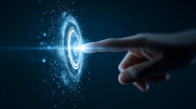 A human finger touches a glowing abstract portal, symbolizing innovation, connection, and the convergence of digital worlds.