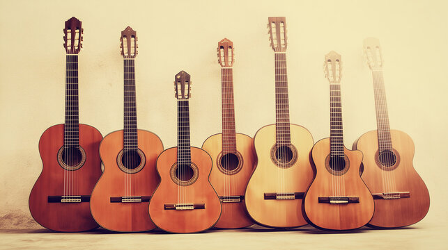 concerto. Six acoustic guitars arranged artistically on a neutral background, showcasing warm wood tones. tutorial guides, club newsletters, designed for tourism and weekend activity guides.