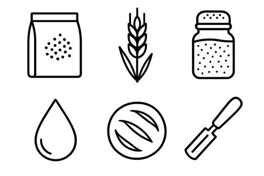 Baking Essentials Icons. Ingredients & Texture linear icon set. yeast packet, wheat stalk, salt jar, water droplet, dough ball, scoring knife