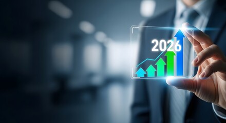 A professional in a suit displays a transparent screen with a rising bar chart and the year 2026, symbolizing financial progress and future economic forecasts.
