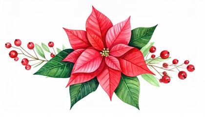 Watercolor Christmas Poinsettia Flower with Red Berries and Green Leaves.