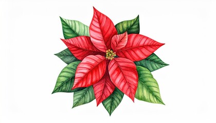 Watercolor illustration of a red poinsettia flower with green leaves for Christmas.