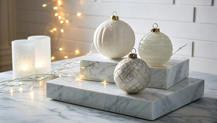 Festive gold and silver Christmas bauble decorations on a table with a bright white background for holiday celebration