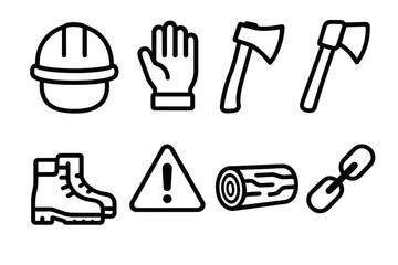 Fototapeta premium Forest Safety Icons. Forest work safety concept linear icon set: helmet, glove, axe, saw, boots, warning sign, log, chain
