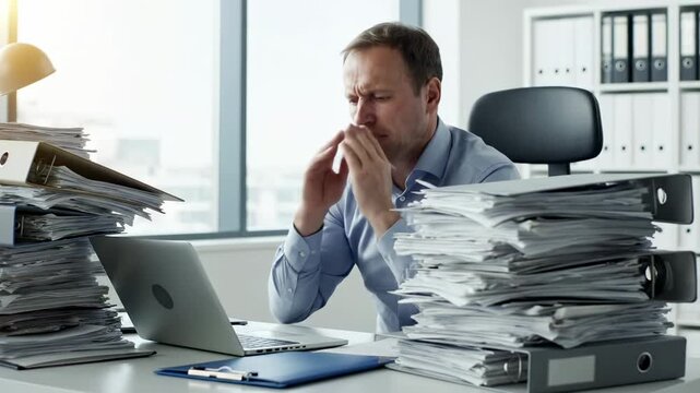 Overwhelmed businessman feeling tired and stressed while working on his laptop, sitting at a desk piled high with paperwork and binders, and suffering from a severe headache in the office