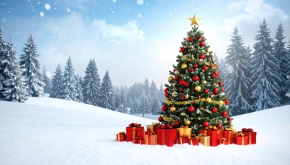 Festive Christmas tree adorned with ornaments and gifts in a snowy winter forest landscape.