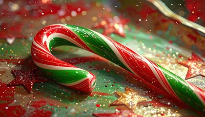 Close up of a festive red and green striped candy cane with sparkling glitter and stars.