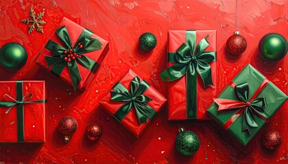 Vibrant Christmas Gifts and Ornaments Displayed on a Textured Red Surface.