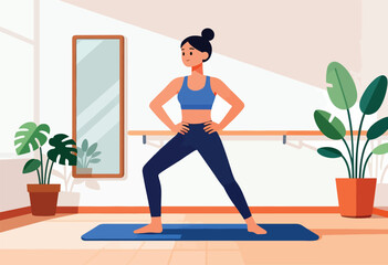 A woman in athletic attire does yoga with hands on hips. A mirror and plants in room