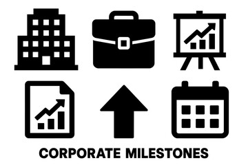 Brutalist Business Icons. Corporate milestones silhouette icon set: building, briefcase, chart board, document chart, upward arrow, calendar