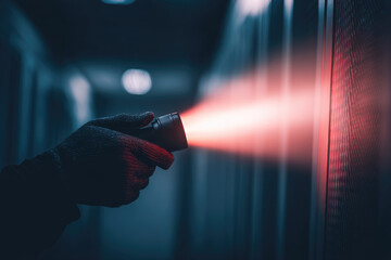 Gloved hand holding flashlight in dark server room investigating data breach with red light highlighting security concern