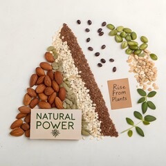 Flat Lay Arrangement of Almonds Oats and Seeds in Mountain Silhouette