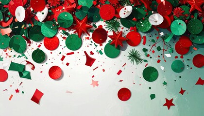Festive Red and Green Confetti Falling Holiday Celebration Background.