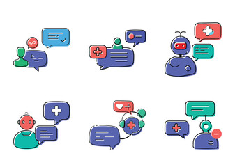 Stylized cartoon graphics depicting human and robot interactions through chat bubbles with positive and negative messaging