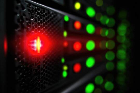 Data breach server room warning light technology network security risk cyber crime alert system digital equipment data breach warning light glows red server dark server room highlighting
