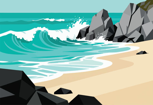 Geometric beach scene. Waves crash against dark rocks on a sandy shore under a turquoise sky. Simplified design