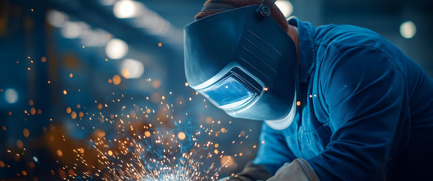 A focused welder wearing a protective helmet, working on a metal project in a bright workshop, sparks flying around.