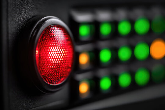 Red warning light glows on control panel in server room indicating possible data breach with green and yellow indicator lights in background