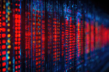 Data breach in server room shown with glowing red and blue digital code lines creating sense of urgency and cyber threat in high tech environment