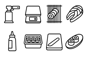 Modern Sushi Icons. Modern Sushi Making linear icon set. sushi torch, digital scale, sushi roller, salmon fillet, sauce bottle, sushi box, cutting board, presentation plate