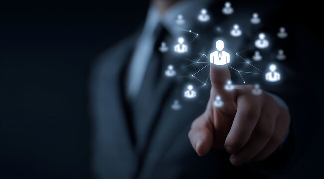 A professional interacts with digital user icons, symbolizing connection and networking in the modern business landscape.