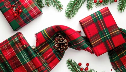 Festive Christmas gifts wrapped in red green tartan plaid with pine branches and pine cone.