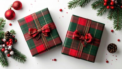 Two festive Christmas presents wrapped in traditional red and green plaid paper with bows and holiday decorations.