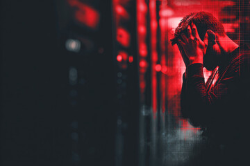 Stressed man stands in server room after data breach with red lighting highlighting tension and urgency of cybersecurity incident