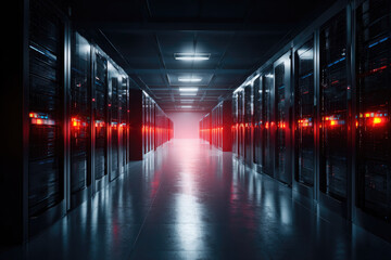 Data breach in secure server room with red warning lights reflecting on floor, highlighting critical cybersecurity threat in modern technology environment