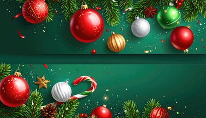 Festive Christmas Decorations with Pine Branches Baubles and Candy Cane.