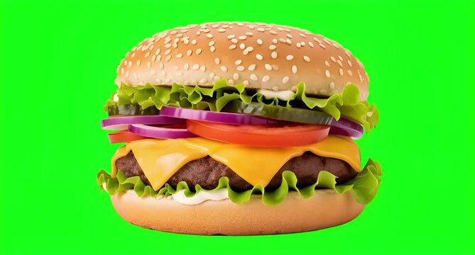Tasty cheeseburger isolated on green screen or chroma key background