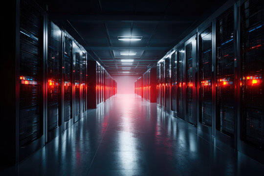 Data breach in secure server room with red warning lights reflecting on floor, highlighting critical cybersecurity threat in modern technology environment