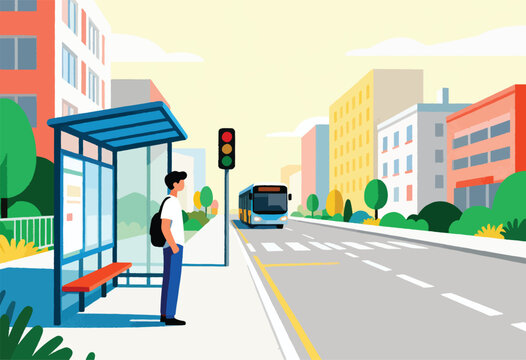 A person waits at a bus stop on a city street as a bus approaches with buildings in the background