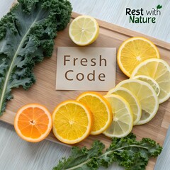 Flat Arrangement of Fresh Citrus Slices and Kale Leaves