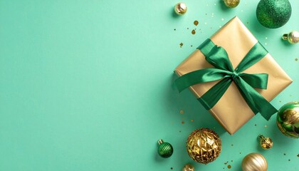 Festive gold gift box with green ribbon and Christmas ornaments scattered on a teal background.