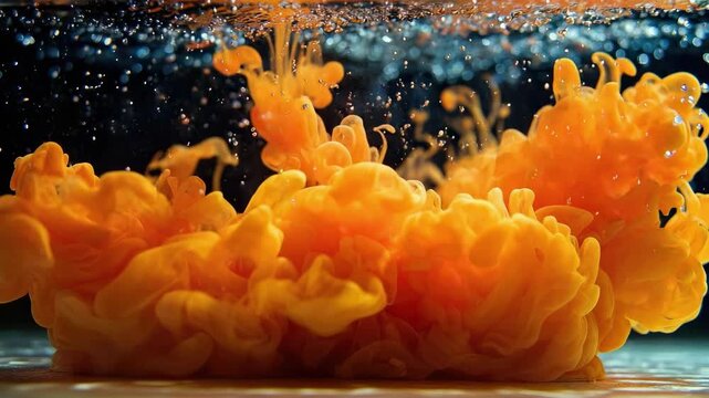 Orange ink diffusing in water, forming fluffy orange cloud-like plumes with bubbles near the surface.