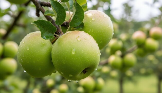 Close up of fresh green apples with water drops hanging on a tree branch in an orchard. Healthy organic fruit harvest.